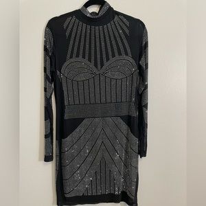 Studded Mock Turtle Neck Sheer Black Long Sleeve Mini Dress Women’s 2XL